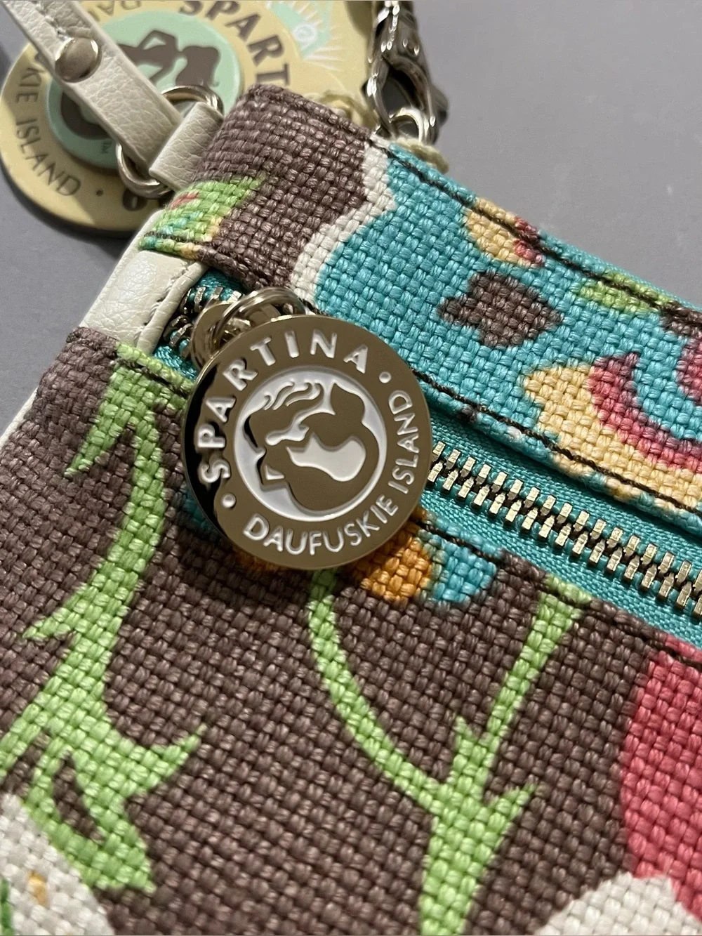NWT Spartina 449 Brown Multicolor Floral Linen Leather Wristlet Clutch